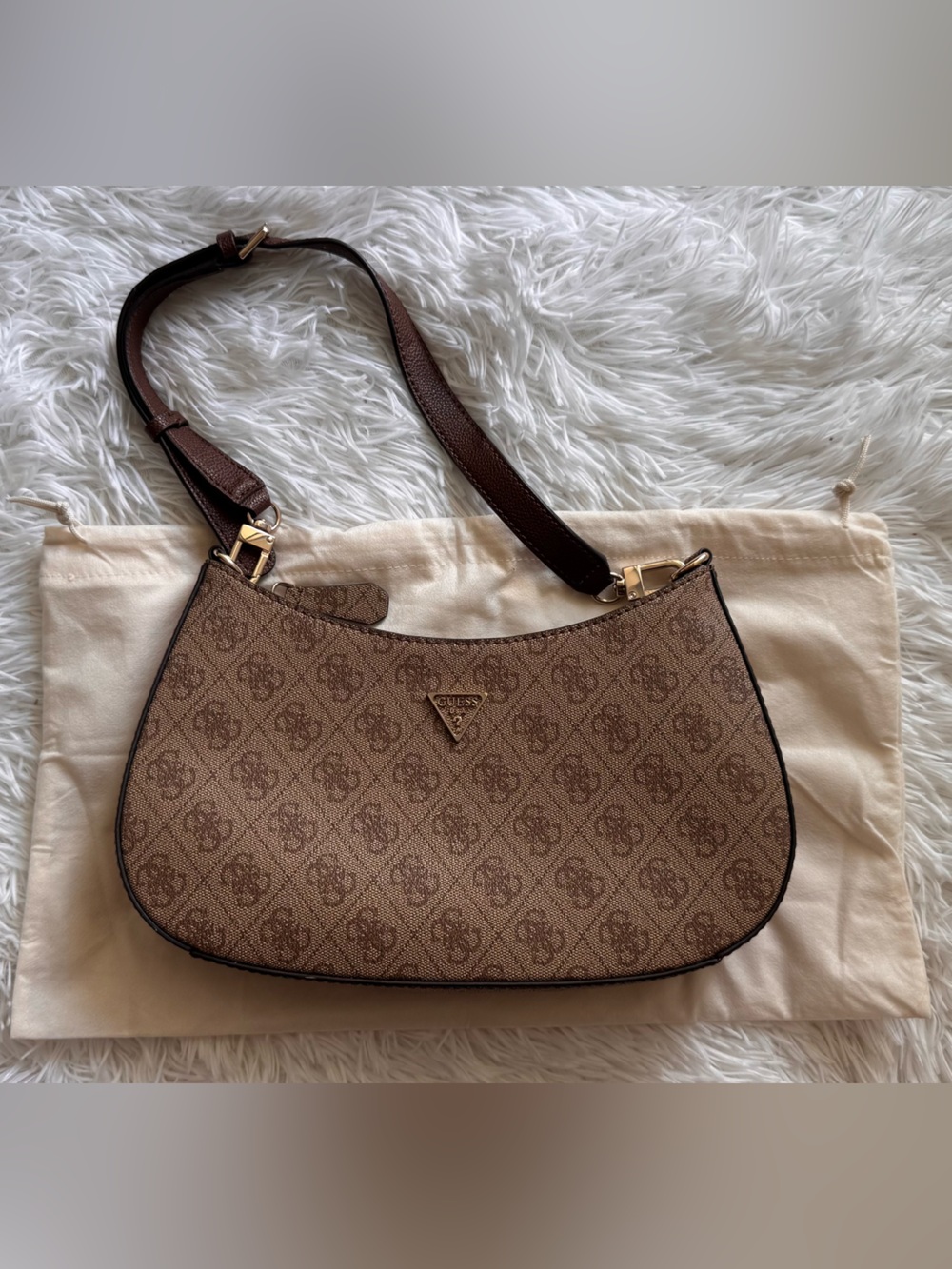 Guess Brown Monogram Shoulder Bag with Gold Hardware